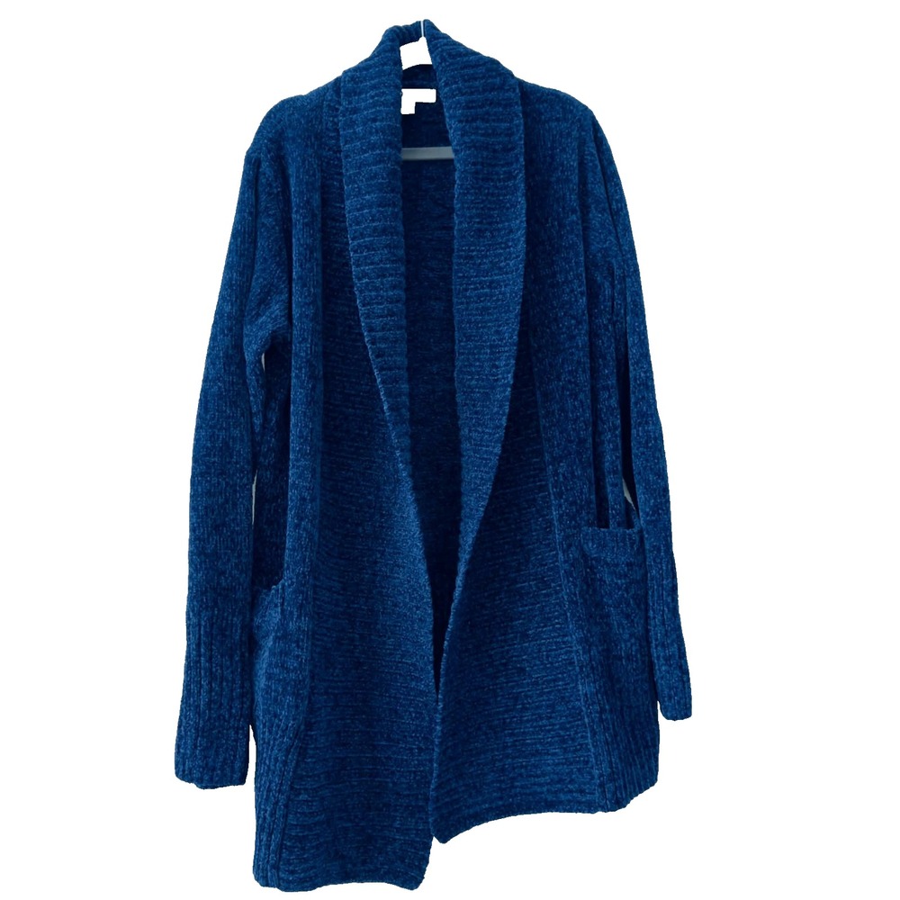 Orvis Cozy Chenille Cardigan Deep Blue Open Front Coastal Grandma Fall Size XS